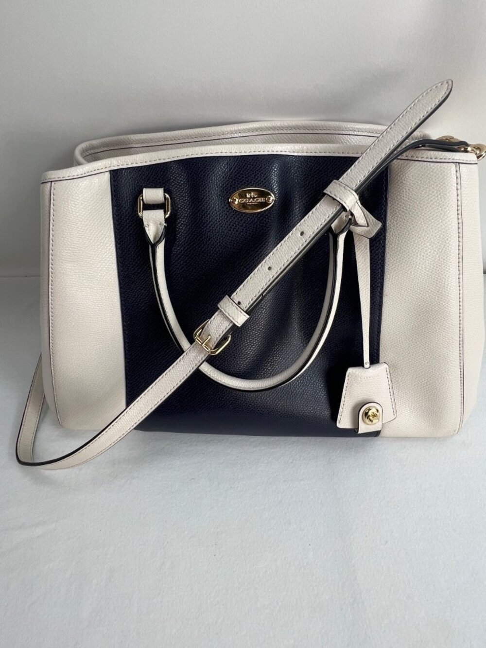 Coach Colorblock Navy & White Leather Satchel With Gold Hardware And Detachable